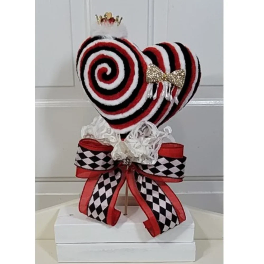 Hearts Decorative Velvety Yarn Red, Black & White Heart w Crown Lollipop & Bow‎